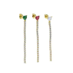 18K Gold Plated Heart Shape White Green Red Zirconia Stone Women Fashion Jewelry Micro Pave CZ Tennis Long Chain Dangle Earring