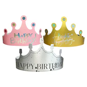 Chapéus de papel para festas de feliz aniversário, chapéus de papel dourados com estampagem colorida personalizada por atacado, fabricantes de coroa king