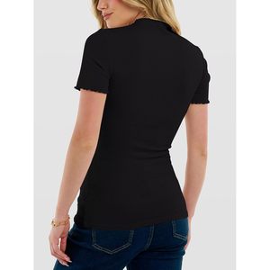 FOXA Women's Ribbed <b>Mock</b> <b>Neck</b> Short Sleeve <b>Top</b> Slim Fit Casual Tee Shirt Breathable Spandex Cotton Spring Outfit - Product Image 4