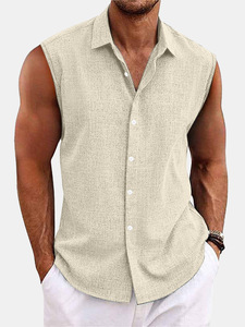 Nouvelle chemise décontractée pour <span class=keywords><strong>homme</strong></span> style européen et américain 2026, col en V uni, coupe ample, boutonnée, en coton et lin - Product Image 4
