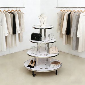 Carrito <span class=keywords><strong>de</strong></span> Exhibición Redondo <span class=keywords><strong>de</strong></span> 4 Niveles Personalizado <span class=keywords><strong>de</strong></span> Fábrica con Ruedas, Estante <span class=keywords><strong>de</strong></span> Metal y Madera Blanco para Tiendas Minoristas, Envío Global - Product Image 3