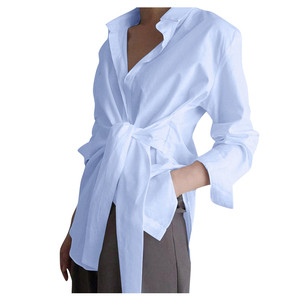 Camicetta da Donna alla Moda con Fiocco Frontale, Colore Azzurro, Maniche Lunghe, Colletto Rovesciato, <span class=keywords><strong>Top</strong></span> Casual Elegante - Product Image 2