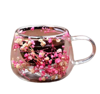Mug en verre borosilicate soufflé à la main à double paroi avec intercouche de fleurs séchées, résistant à la chaleur, 130 ml, anti-fuite