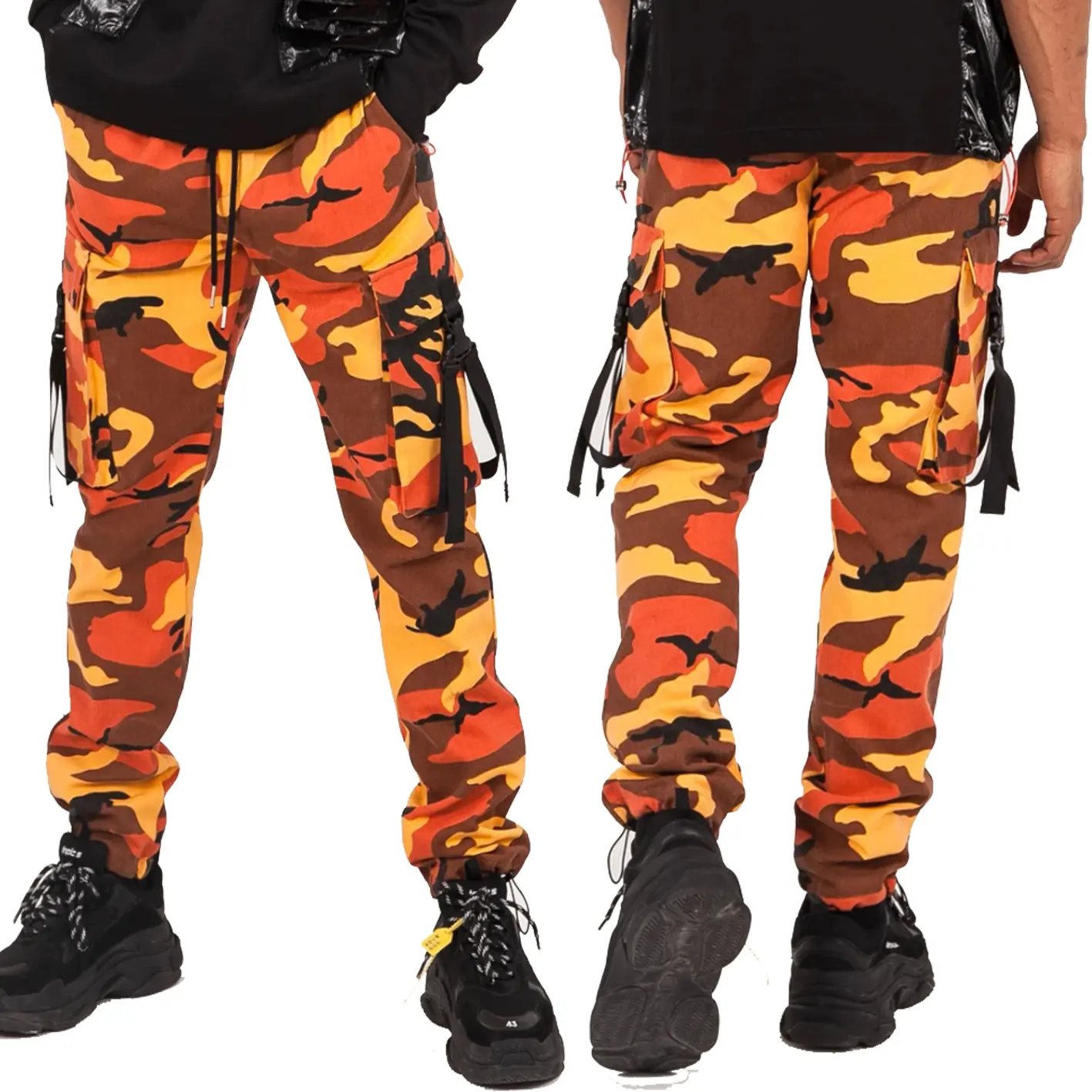 Groothandel Custom Hoge Kwaliteit Oranje Camouflage Print Riem Tapered Fit Cargo Broek Casual Broek Voor Mannen