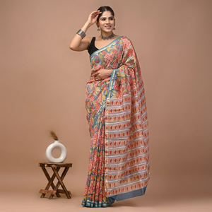 Sari en soie Chanderi pure imprimé à la main avec pièce de blouse – Sari élégant en soie Chanderi pure – Vêtement ethnique imprimé à la main - Product Image 1