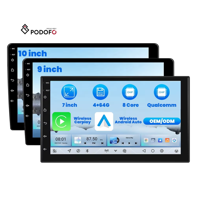 Podofo 7''/9''/10'' Qualcomm Android Car Radio Stereo 4+64G 8 Core IPS Screen CarPlay/Android Auto GPS WiFi FM DSP Cooling Fan