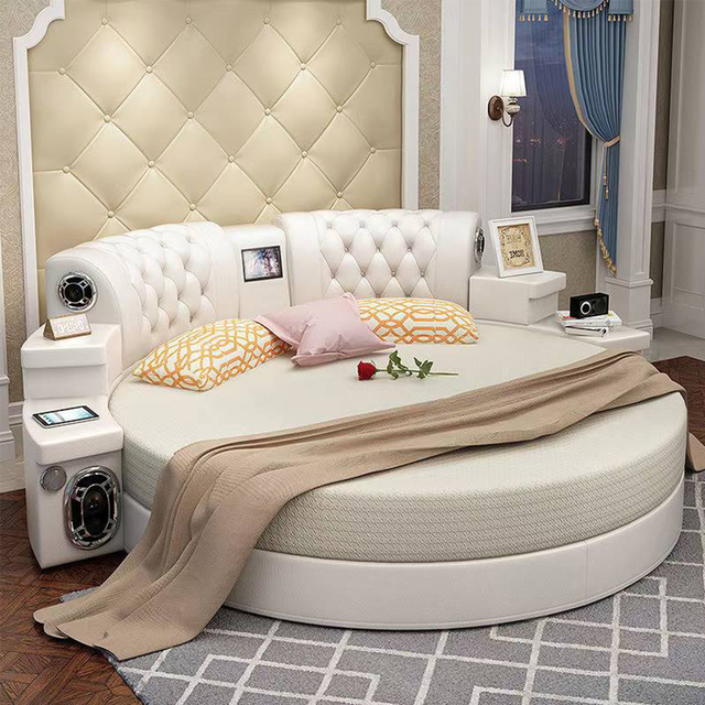 Smart Multifunctional Round with Projector Light Luxury Leather Round Bed with Massage Classic Modern Upholstered Round Bed Set