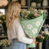 Papier d'emballage en gros motif marguerite avec citation inspirante « Happy Every Day » – Emballage floral à pois pour bouquets et cadeaux