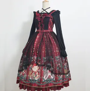 Lolita vestido estilo europeu e americano goth, vestido de cintura alta estampado longo jsk
