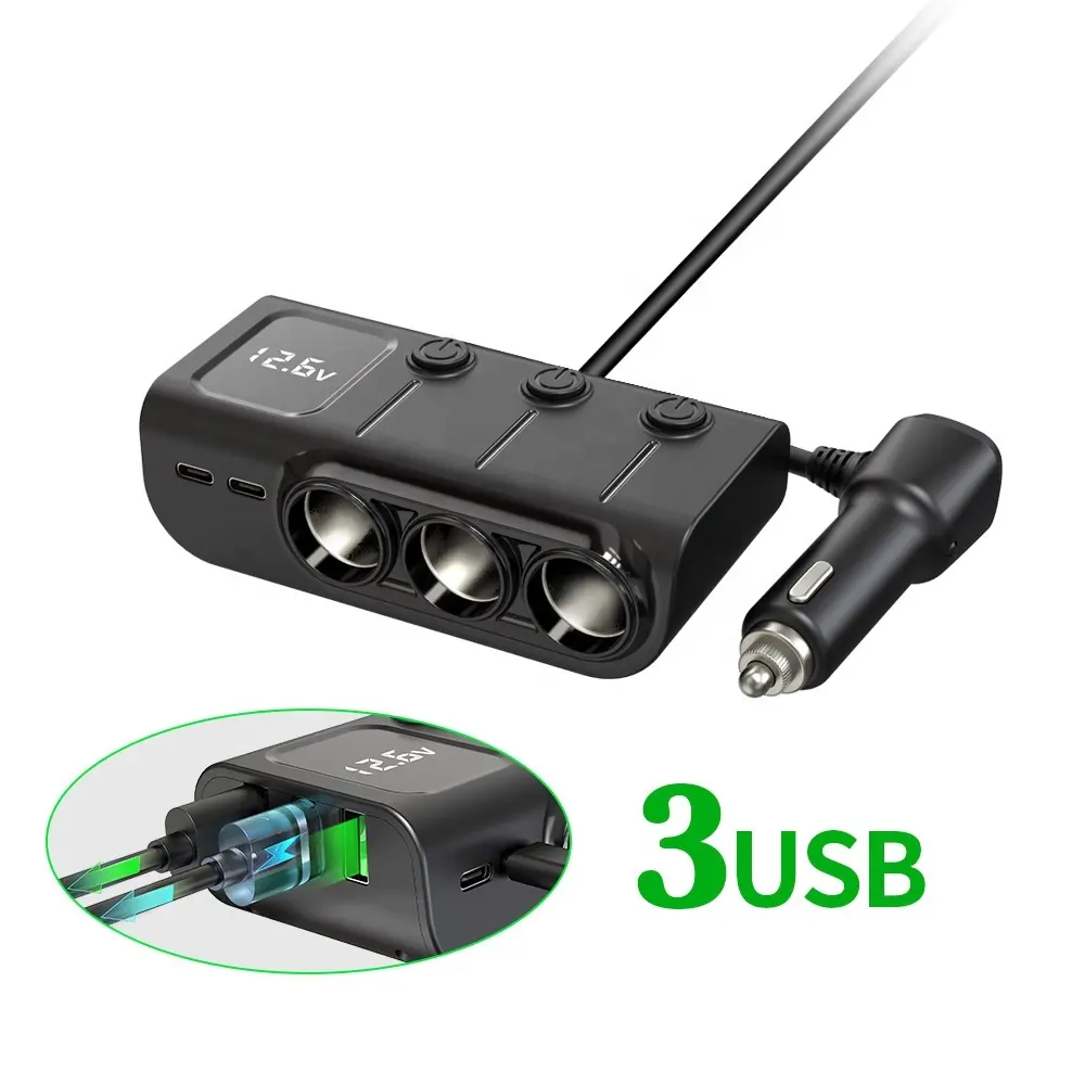 Cigarette Lighter Adapter Quick Charge 120W 12V/24V 3-Socket Splitter 3 USB Car Power Adapter Car Charge for GPS Dash Cam Phone