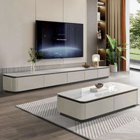 Ensemble Meuble TV et Table Basse en Bois Massif et Pierre Microcristalline, Style Luxe Moderne, avec Rangement – Meubles de Salon Multi-Tailles