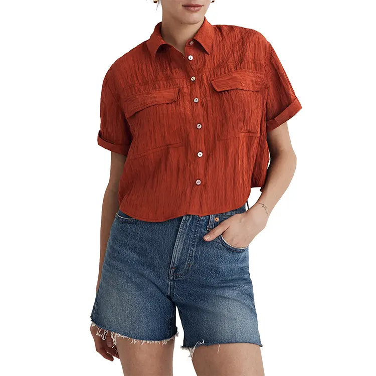 Blusa a maniche corte da donna camicia corta in cotone Crinkle camicia in garza abbottonata