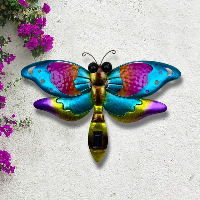 Waterproof Patio Outdoor Garden Fence LED Metal Glass Dragonfly Solar Wall Decoration