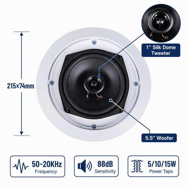 HD-65  5.5 Inch High Quality Professional Ceiling Speakers for Retail Stores, Stores, Schools, Hotels  Audio and Sound Equipment