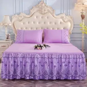Floral géométrique princesse antidérapant pleine reine King Size jupe de lit et 2 taies d'oreiller ensembles de luxe mariage drap de lit ensemble de literie