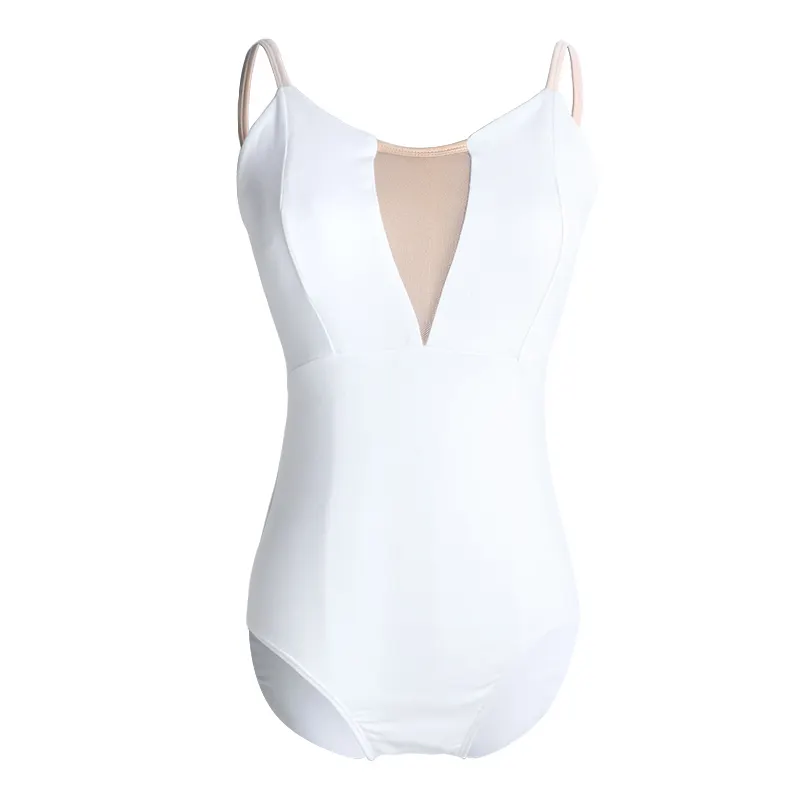 Women Girls White Leotard Camisole Sexy Neckline Ballet Dancewear