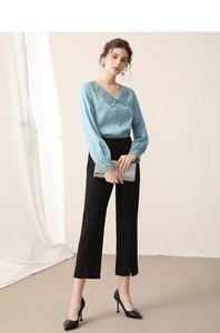 MANNI camicetta Casual colletto per bambole manica lunga <span class=keywords><strong>pizzo</strong></span> raso <span class=keywords><strong>blu</strong></span> camicette e top per donna blusas de mujer - Product Image 6