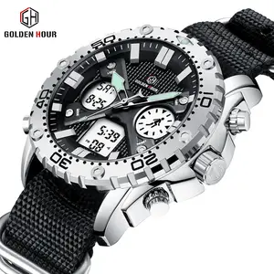 Golden Hour Brand Men's Wrist Watches Nylon Strap Sports Dual Time Clock Multifunction Men Quartz Digital Watch