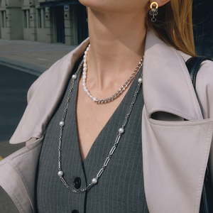 Kalung Rantai Cuban Mutiara Air Tawar Minimalis J&D, Baja Anti Karat Berlapis Emas 18K, Gesper Toggle OT, Perhiasan Klasik - Product Image 3