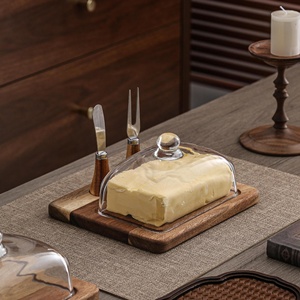 Caja de mantequilla de madera de acacia con cuchillo, tabla de queso, rebanadora, tapa de vidrio para cortar queso, mantequilla, pastel, plato de postre - Product Image 2