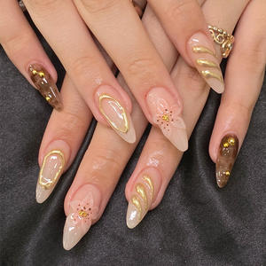 Uñas <span class=keywords><strong>Postizas</strong></span> de Moda en Oferta, Forma de Almendra, Estilo Francés con Borde Blanco y Dorado, Cobertura Total, Material ABS, 24 Piezas, Uñas a Presión con Pegamento - Product Image 4