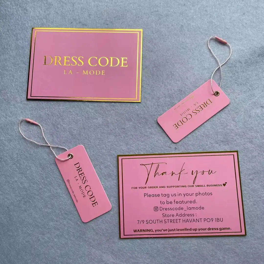 gold foil printed hangtag high quality Custom Paper Brand Apparel Product Tags, Logo pink tag string For Clothing Hangtag