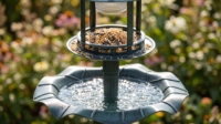Bassin à oiseaux en résine en forme de feuille de lotus, à montage facile, alimenté par énergie solaire, écologique, résistant à la rouille, avec lumière LED intégrée et support remplissable pour