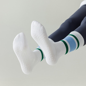 Yoga Socks White Mid-Calf Striped Non-Slip With Adhesive Sole For Yoga And Tennis Cotton Material Seamless Design - Product Image 3
