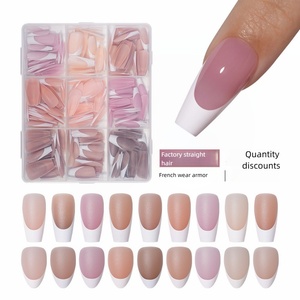 Boîte de 9 grilles d'embouts d'ongles français à presser, blancs, prêts à poser, en acrylique de haute qualité, pour DIY, vente en gros usine, avec colle pour doigts - Product Image 6