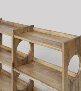 Solstice Double Cutout <b>Solid</b> <b>Wood</b> Bookshelf Wide Three Tier Open Shelving Unit with Round Carved Panels Modern Home Furniture - Product Image 3