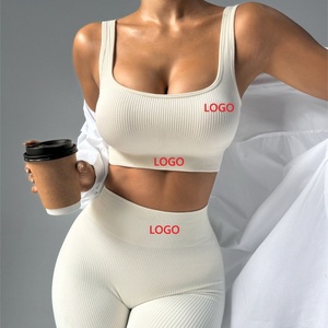 Factory Wholesale Seamless Rib Yoga Wear Suit Women Sportswear Quick Dry Fitness Running <b>Tight</b> Sports Bra and Legging Set - Product Image 1