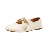 Ballerines décontractées confortables en cuir véritable souple avec nœud en satin Mary Jane pour femmes, antidérapantes