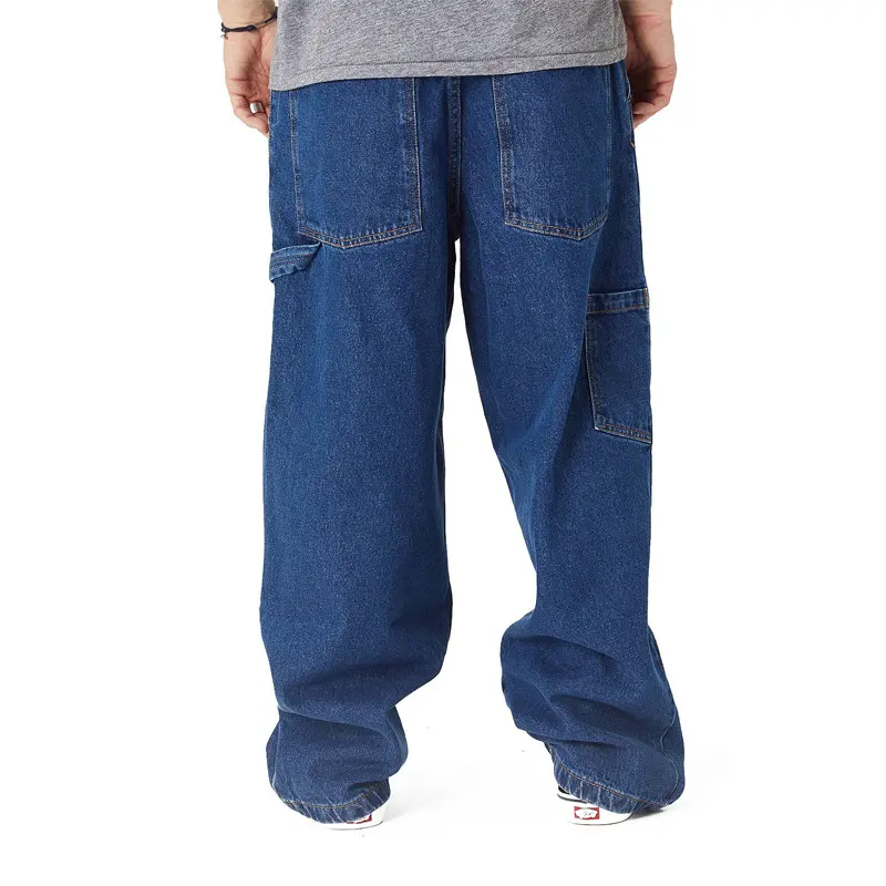 Custom 100% Cotton Thick Denim Fabric Change Pocket Embroidery High Waisted Tapered Legs Baggy Fit Dark Blue Polar Skate Big Boy
