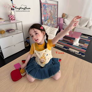 TongXingYuan Girls Summer Two Piece Set Yellow Cartoon Star Print Cotton T Shirt With Denim Skirt For Kids - Product Image 4