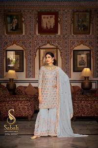 Costume Salwar Kameez semi-cousu de travail de broderie lourde avec costume de palazzo de style fantaisie d'Inde Exportation - Product Image 4
