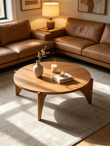 Mesa de Centro de Madera Maciza Redonda con Patas Curvas Triangulares, Estilo Japonés Minimalista para Sala de Estar - Product Image 4