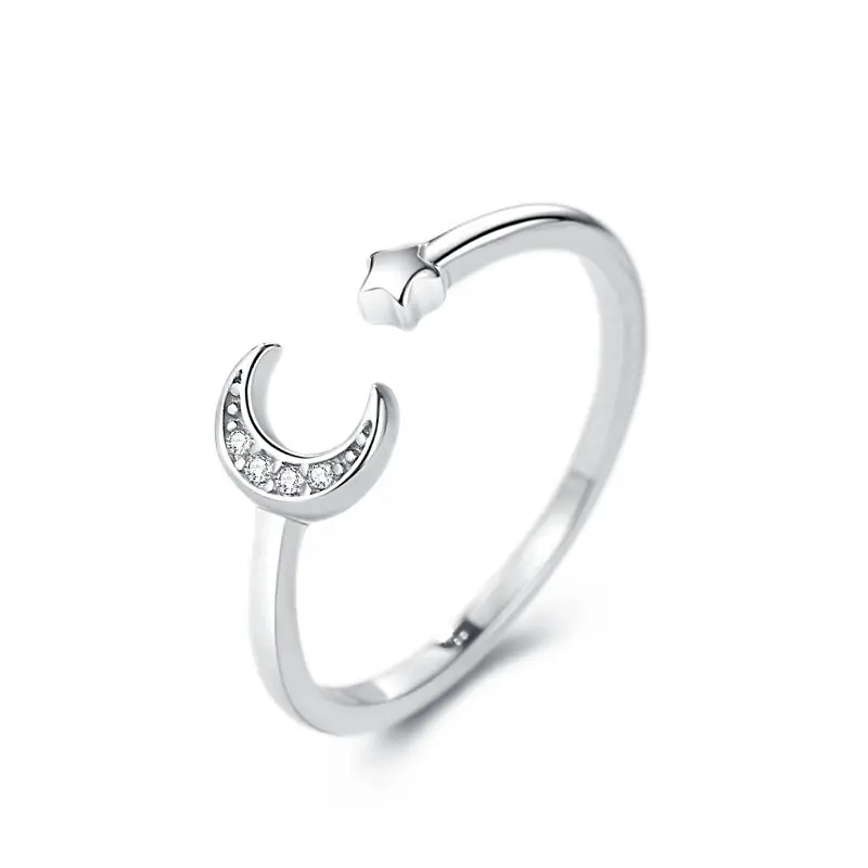 Open Adjustable Size S925 Sterling Silver Dainty Moon and Star Ring with Cubic Zirconia