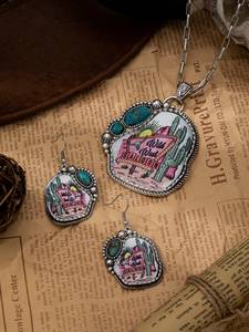 Ensemble de bijoux Bohème Vintage Cactus Turquoise Western Cowboy Cowgirl Rodeo Collier Boucles d'oreilles Cadeaux pour femmes - Product Image 2
