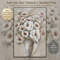 Peinture à l'huile florale texturée, bouquet de fleurs blanches en vase, accents dorés, art mural contemporain fait main sur toile, support personnalisé