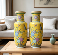 Grand vase décoratif en céramique de style chinoiserie pour la décoration de hall d'hôtel ou de villa, style antique, paire de vases rouleaux en porcelaine jaune chinoise