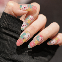 Faux ongles à presser en amande, base transparente, imprimé floral coloré, brillants, motif fleurs d'été, pour femmes, Nail Art