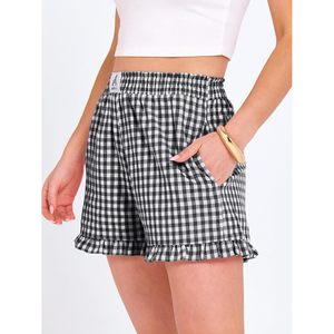 FOXA Short de pyjama décontracté pour femme à carreaux vichy, taille élastique, volants, pour l'été - Product Image 3