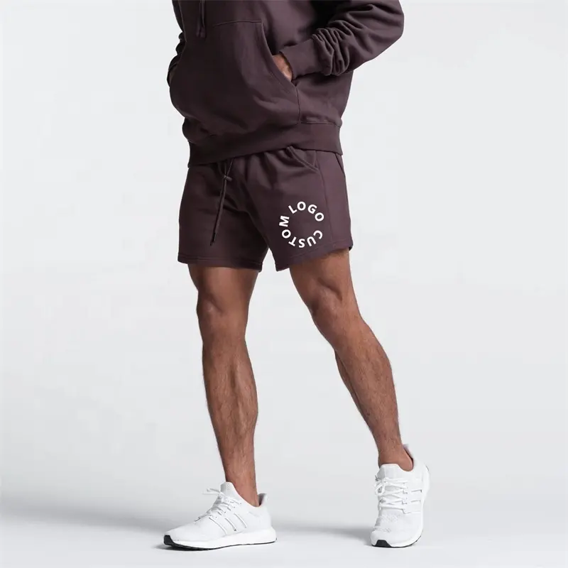 カスタム刺Embroideredロゴ巾着フレンチテリーコットンフリースジムフィットネスランニングジョギングメンズスウェットショーツジッパーポケット付き