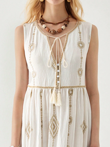 Vestidos Maxi Casuales de Manga Corta con Cuello en V, Bordados, Vintage, Personalizados, para Mujer, Color Blanco, Sexy, 100% Algodón, Tejido Natural, Cintura Natural - Product Image 6