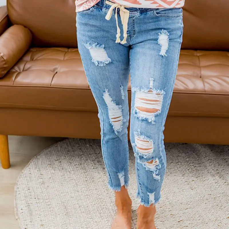Custom Wholesale High Waist Elastic Ripped Plus Size Women Denim Jeans