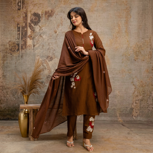Brown Applique Embroidery Pure Cotton <b>Women</b> Salwar Kameez Set 3/4th Sleeve <b>Kurti</b> & Pant with Dupatta <b>for</b> Party Wedding - Product Image 1