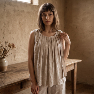 Débardeur en lin sans manches pour femme, à pois, col plissé, avec lien latéral, coupe ample, décontracté, pour le printemps et l'été, étiquettes personnalisées OEM, vente en gros - Product Image 4