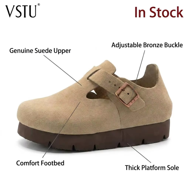 2026 Women 5cm Lug Platform Single Instep Buckle Closed Full Upper Suede Clogs EVA Outsole Cork Midsole Breathable Elevated
