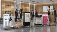 Présentoir à lunettes personnalisé pour opticien – Support de luxe pour lunettes de vue et de soleil en métal, acrylique et bois – Unité de présentation de marque pour magasin de détail Apache