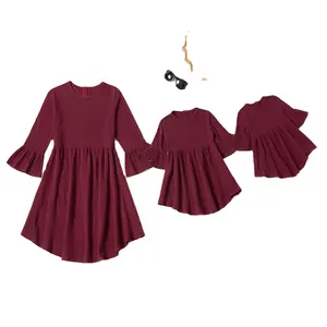 Hot sell muslin mother and me dress middle sleeve round collar plaid color zipper back parent-child dress girl skirt